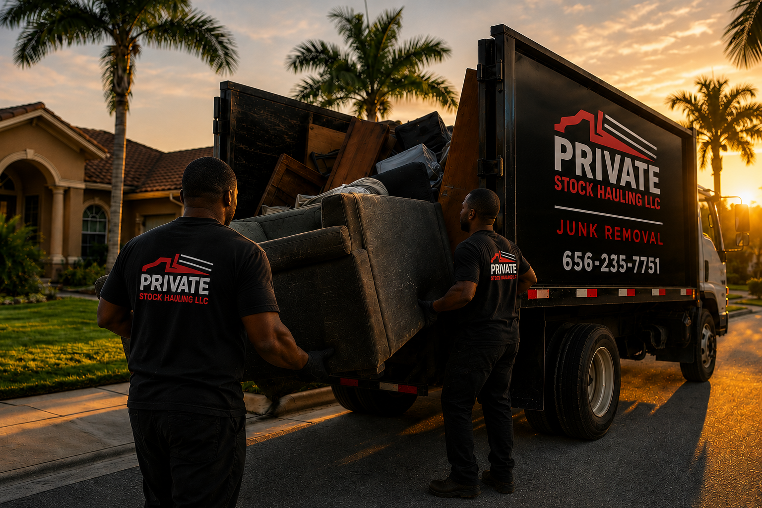 Private Stock LLC junk removal team loading furniture into truck at sunset in Tampa Bay.