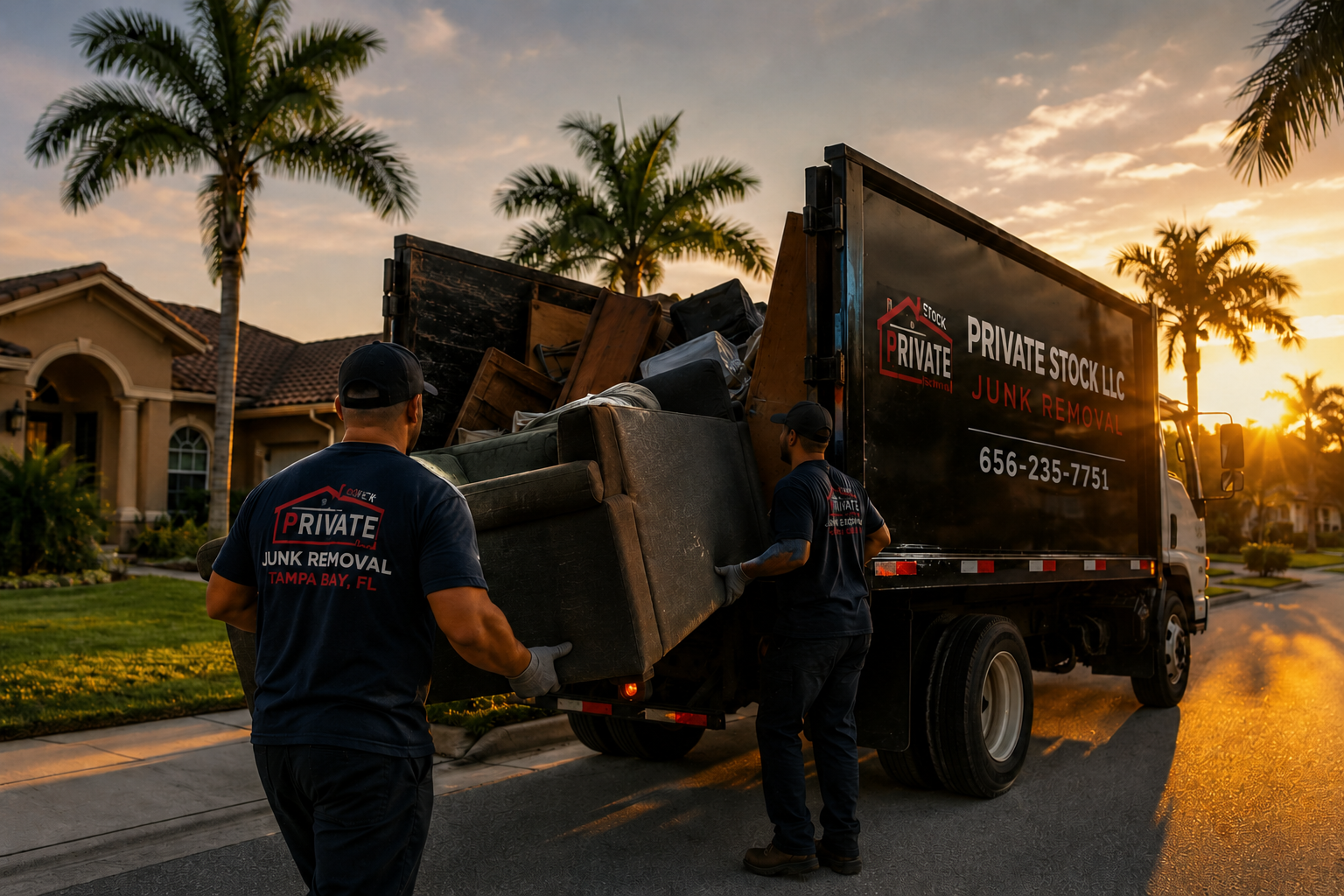 Private Stock LLC junk removal team loading furniture into truck at sunset in Tampa Bay.